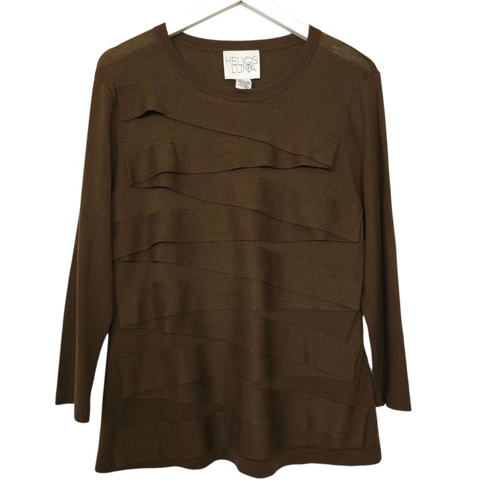 Helios & Luna Brown Wool Tencel Blend Ribbon Tiered Sweater L 3/4 Sleeve